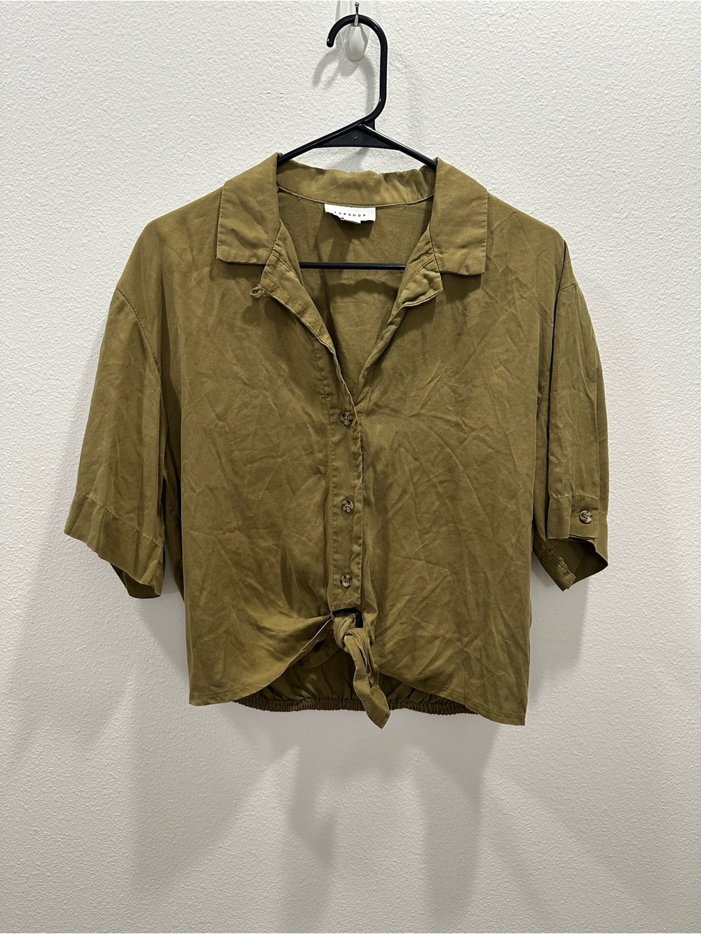 Olive Tie-Front Short Sleeve Button-Up Top Blouse 6 small